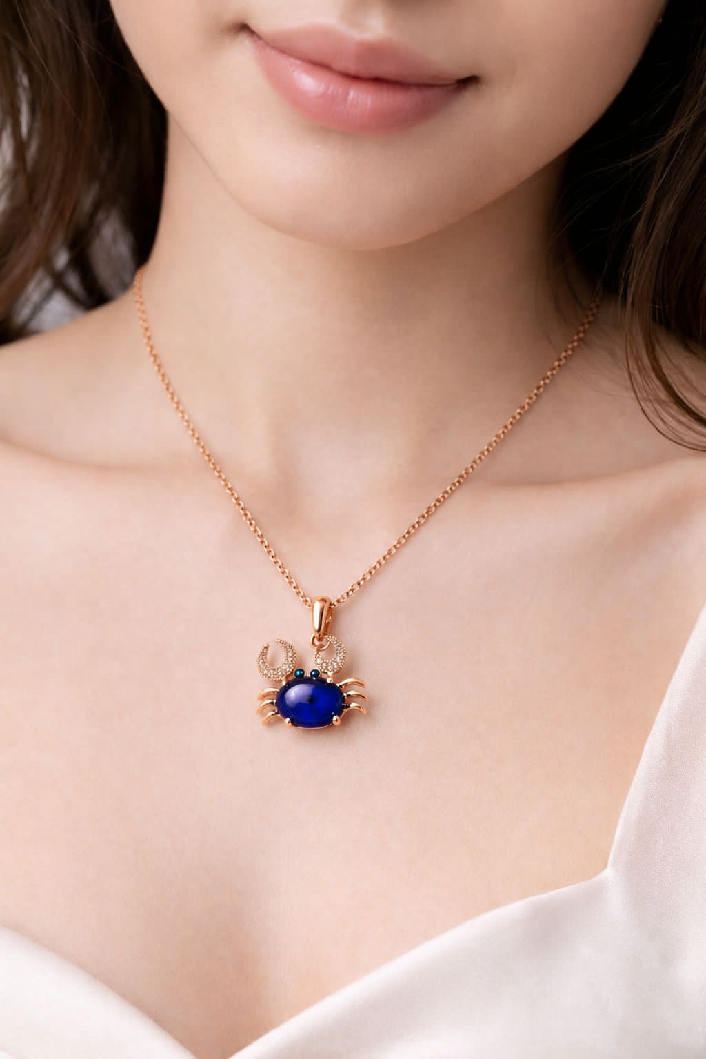Blue crab pendant necklace for women in rose gold with blue stone by Luvina
