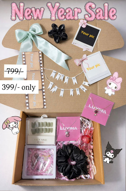 New Year gift box for girls with jewellery combo, scrunchie, nails and cute accessories by Luvina
