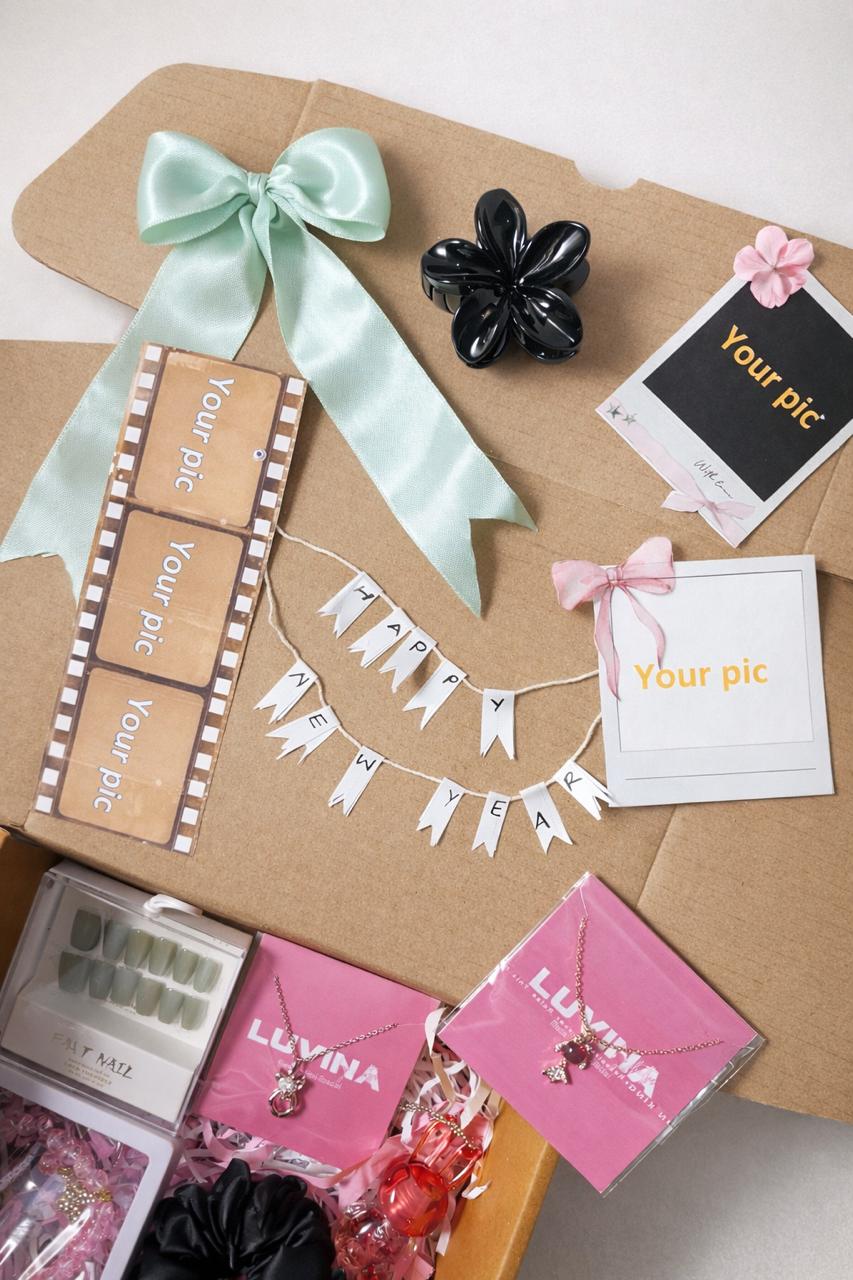 Personalised New Year gift box with photo cards and jewellery combo for women by Luvina