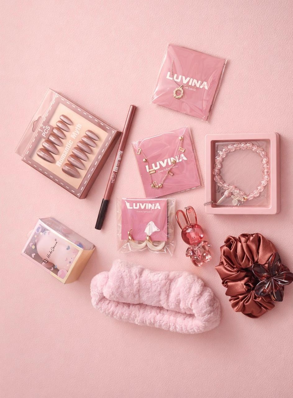 Luvina pink luxury gift combo for women with jewelry and beauty accessories