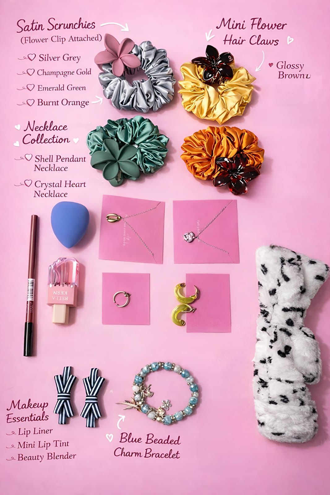 Satin scrunchies necklace bracelet makeup essentials girls gift combo