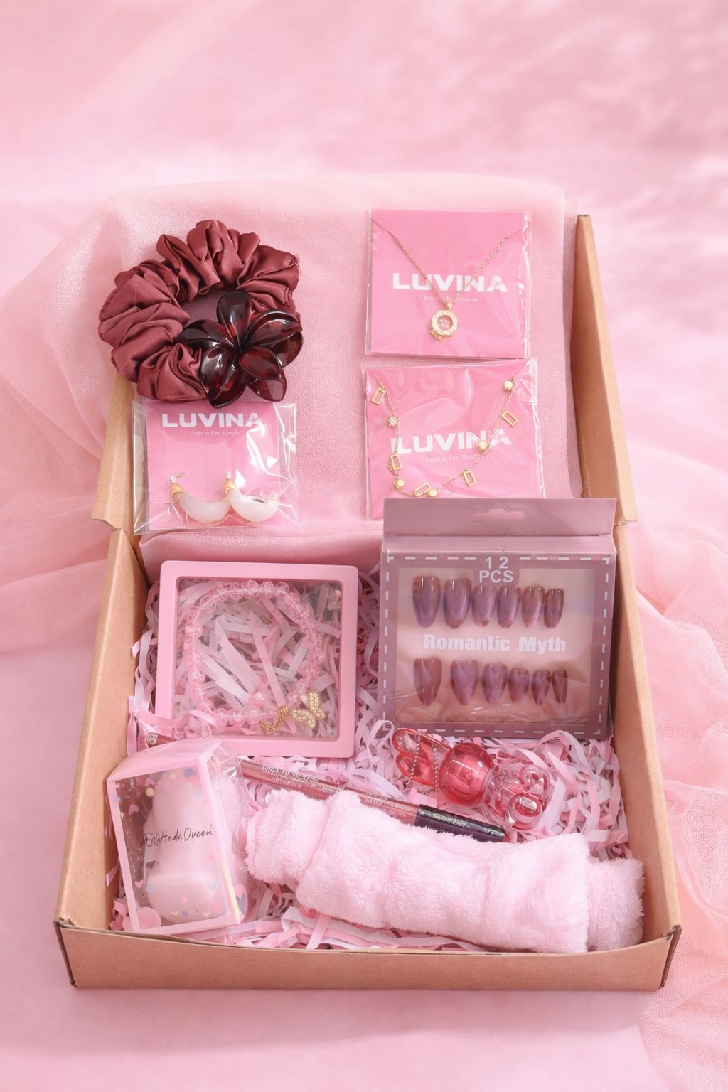 Premium pink gift box with necklace earrings nails and scrunchie